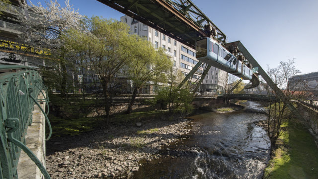 Wupper mit wenig Wasser, Schwebebahn und Sonne Wupper mit wenig Wasser, Schwebebahn und Sonne